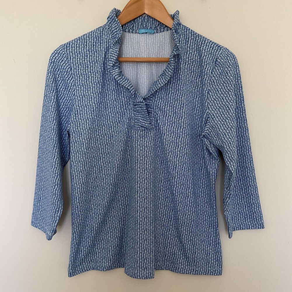 J.McLaughlin Durham Ruffle Neck Top Sz L Catalina Cloth Blue Geometric